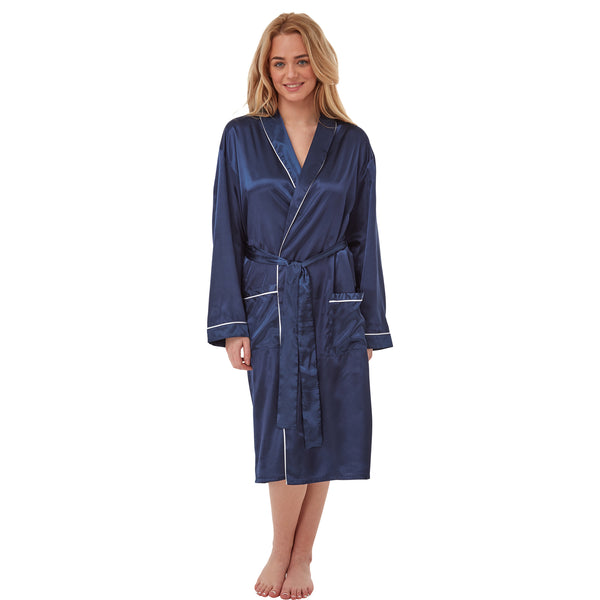 ladies plain navy silky shiny satin mid length dressing gown, bathrobe, wrap, kimono with full length sleeves in UK sizes 14, 16, 18, 20, 22, 24