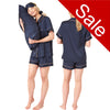 Plain dark navy blue matt satin pjs set consisting of a shirt style top with a collar, top pocket and button up front and short sleeves with matching shorts with an elasticated waist band. The pjs also come with a matching pillow case, eye mask and bobble. In UK size 14, 16, 18, 20