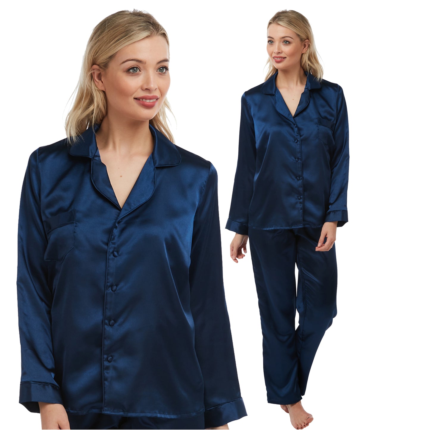 plain navy blue shiny silky satin pjs set which are warmer because its cotton lined. They have a shirt style top with full length sleeves, a collar, top pocket and button up front. The trousers are full length with an elasticated waist band in UK plus sizes 8, 10, 12, 14, 16, 18, 20, 22, 24, 26, 28, 30, 32, 34