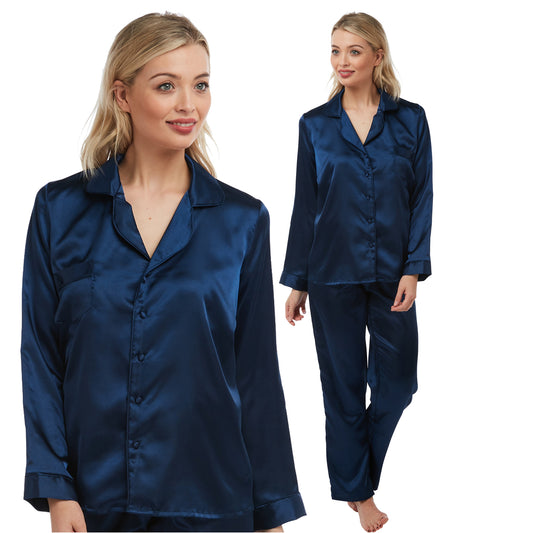 plain navy blue shiny silky satin pjs set which are warmer because its cotton lined. They have a shirt style top with full length sleeves, a collar, top pocket and button up front. The trousers are full length with an elasticated waist band in UK plus sizes 8, 10, 12, 14, 16, 18, 20, 22, 24, 26, 28, 30, 32, 34