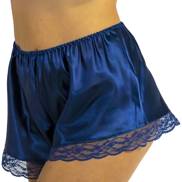 plain navy blue silky shiny satin and lace trim French knickers style shorts in UK plus sizes 8, 10, 12, 14, 16, 18, 20, 22, 24, 26, 28, 30, 32,