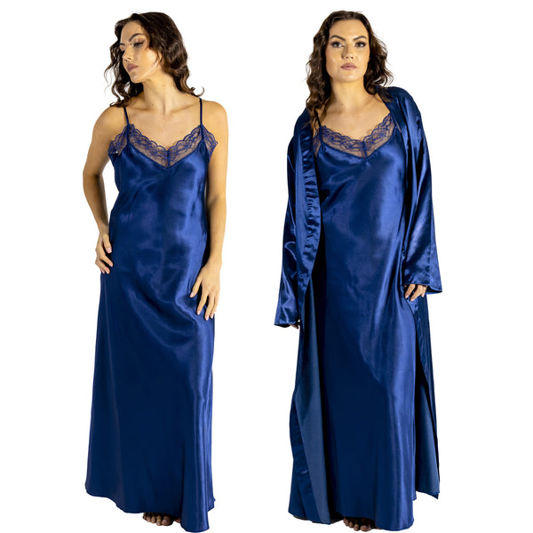 plain navy shiny silky satin and lace long chemise with a wrap which is cuddleskin satin which is lined with brushed cotton for warmth. In uk sizes 12, 14, 16, 18, 20, 22. 