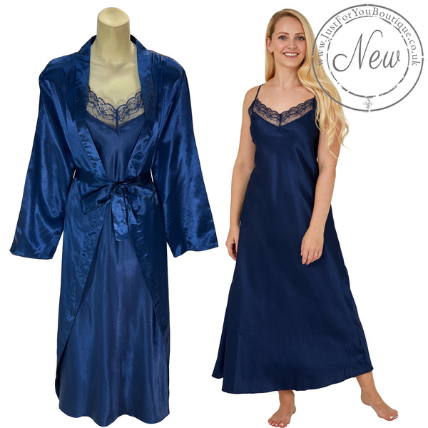 plain navy shiny silky satin and lace long chemise with a wrap which is cuddleskin satin which is lined with brushed cotton for warmth. In uk sizes 12, 14, 16, 18, 20, 22. 