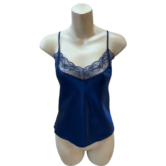 plain navy blue silky shiny satin and lace cami camisole top with adjustable straps in UK plus size 8, 12, 14, 16, 18, 20, 22, 24, 26, 28, 30, 32