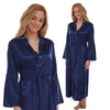 ladies plain navy blue warm cotton lined silky shiny satin and lace full length dressing gown, bathrobe, wrap, kimono with full length sleeves in UK plus sizes 12, 14, 16, 18, 20, 22, 24, 26, 28, 30, 32, 34