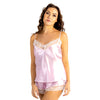 plain pink silky shiny satin with lace trim pyjamas set cami top with adjustable straps and French knickers shorts in UK plus sizes 8, 12, 14, 16, 18, 20, 22, 24, 26, 28, 30, 32, 34, 36, 38