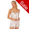 plain pink silky shiny satin with lace trim pyjamas set cami top with adjustable straps and French knickers shorts in UK sizes 8, 