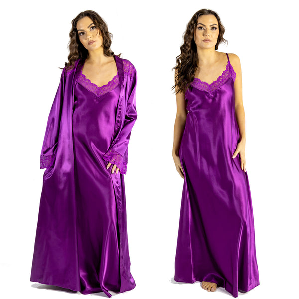 plain fuchsia pink silky shiny satin and lace matching string adjustable strap nightdress and dressing gown robe set which is full length in UK plus sizes 14, 16, 18, 20, 22, 24, 26, 28