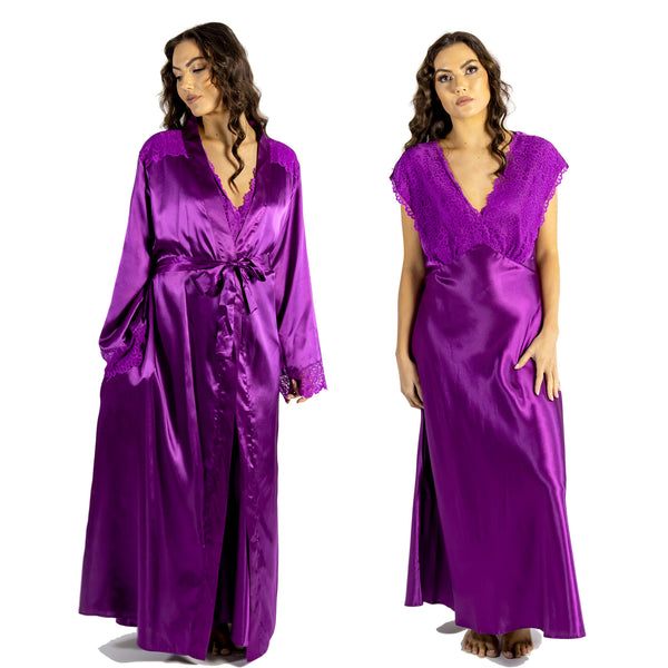 plain fuchsia pink silky shiny satin and lace matching wide strap nightdress and dressing gown robe set which is full length in UK plus sizes 14, 16, 18, 20, 22, 24, 26, 28