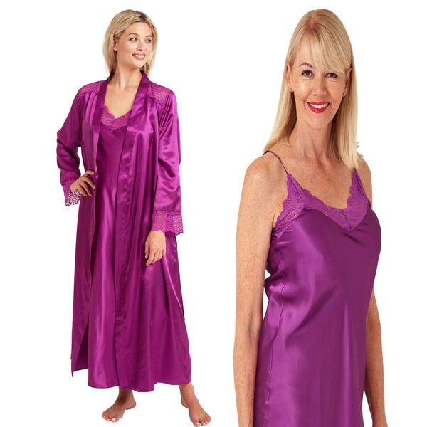 plain fuchsia pink silky shiny satin and lace matching string adjustable strap nightdress and dressing gown robe set which is full length in UK plus sizes 14, 16, 18, 20, 22, 24, 26, 28