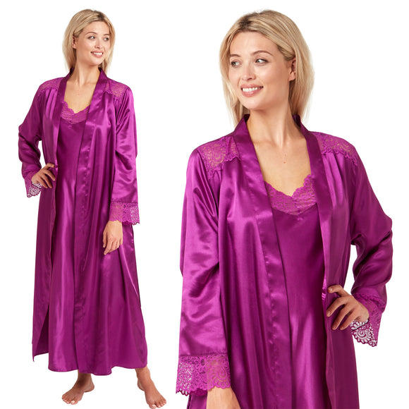 plain fuchsia pink silky shiny satin and lace matching string adjustable strap nightdress and dressing gown robe set which is full length in UK plus sizes 14, 16, 18, 20, 22, 24, 26, 28