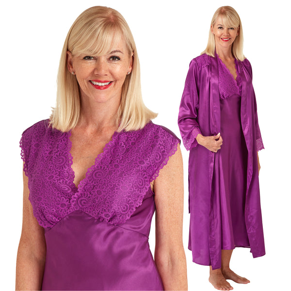 plain fuchsia pink silky shiny satin and lace matching wide strap nightdress and dressing gown robe set which is full length in UK plus sizes 14, 16, 18, 20, 22, 24, 26, 28