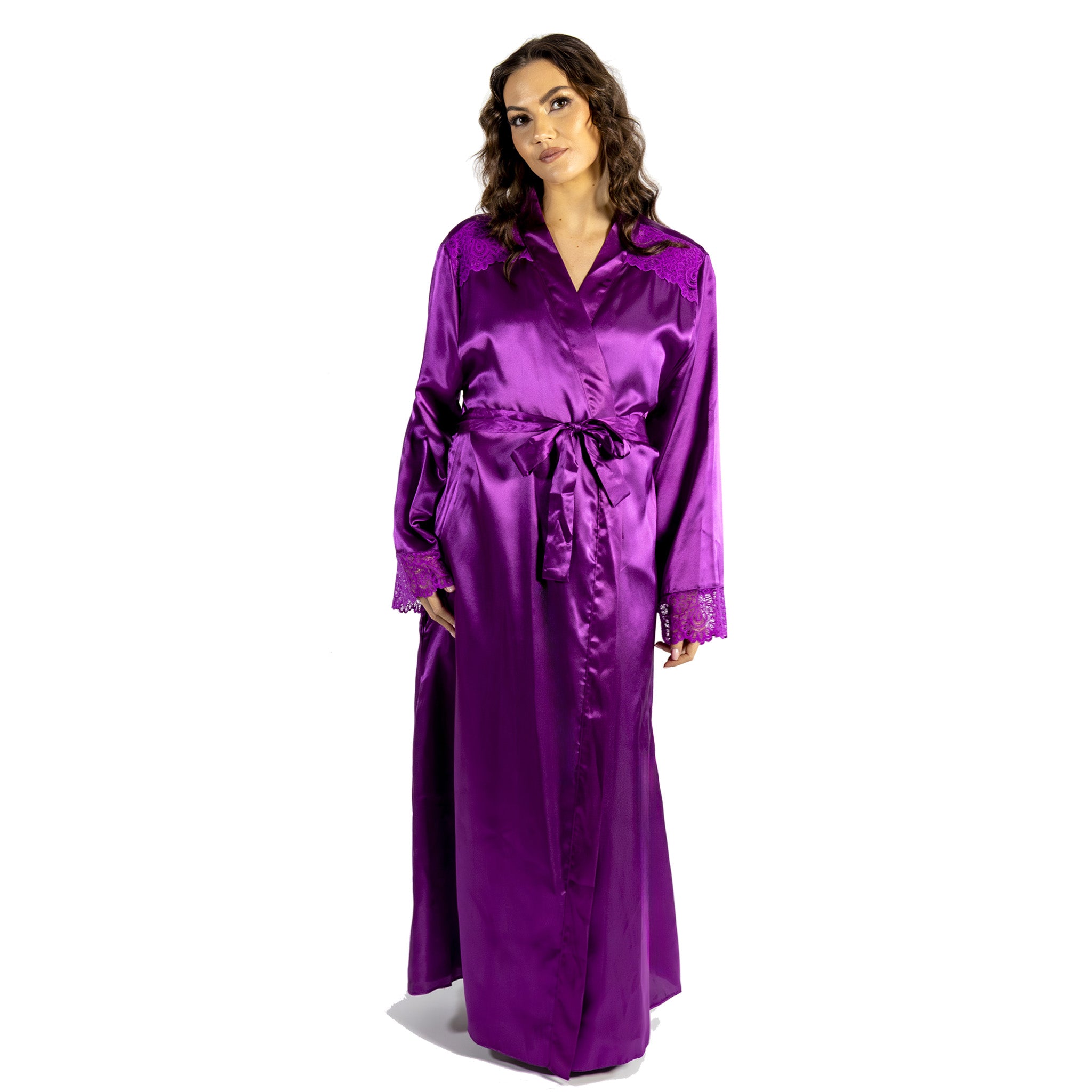 Long Full Length Fuchsia Pink Purple Sexy Satin Lace Wrap Bathrobe PLUS SIZE 22 - 24 Long Full Length Fuchsia Pink Purple Sexy Satin Lace Wrap Bathrobe PLUS SIZE 22 - 24