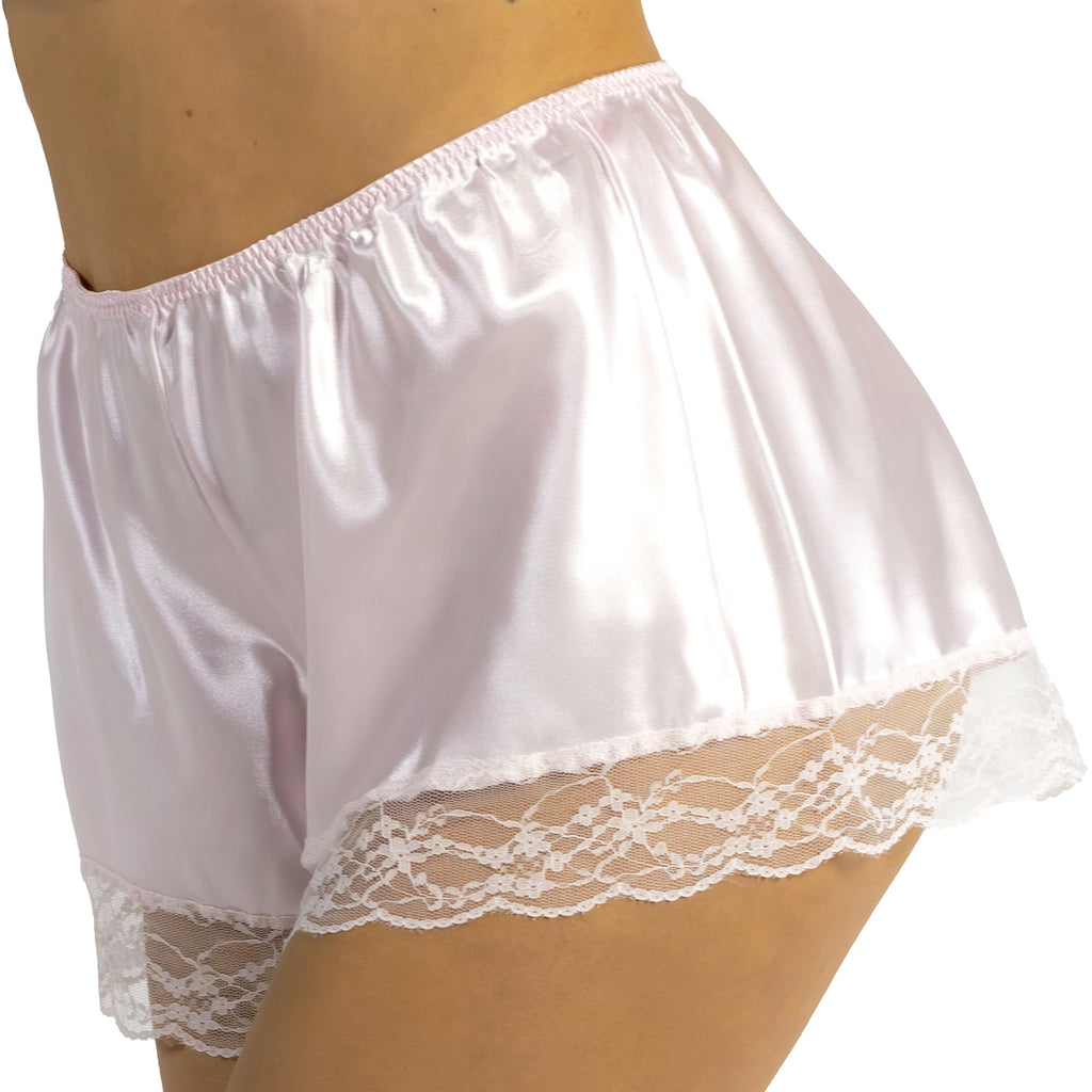 plain pink silky shiny satin and lace trim French knickers style shorts in UK plus sizes 8, 12, 14, 16, 18, 20, 22, 24, 26, 28, 30, 32, 34, 36, 38