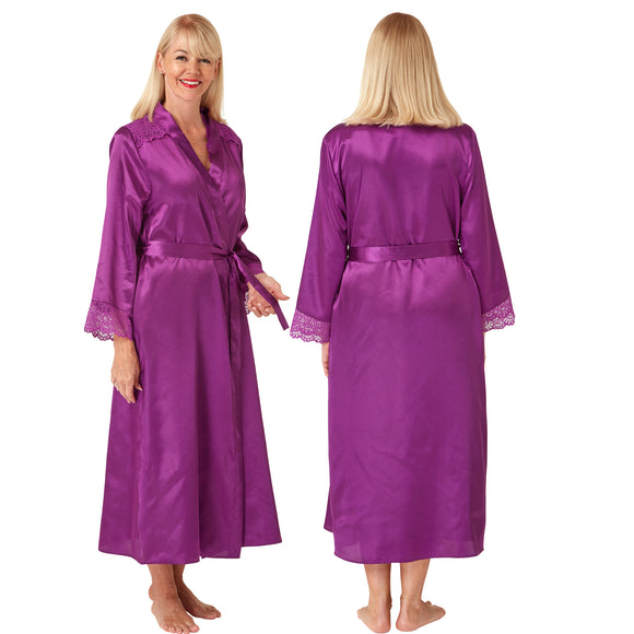 ladies plain fuchsia pink silky shiny satin and lace full length dressing gown, bathrobe, wrap, kimono with full length sleeves trimmed with lace in UK plus sizes 14, 16, 18, 20, 22, 24, 26, 28