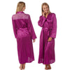 ladies plain fuchsia pink silky shiny satin and lace full length dressing gown, bathrobe, wrap, kimono with full length sleeves in UK sizes 14, 16, 18, 20,