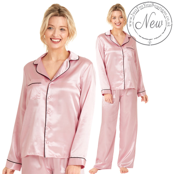 Plain Pink Sexy Shiny Satin Pyjamas PJs Set Negligee Lingerie PLUS SIZE
