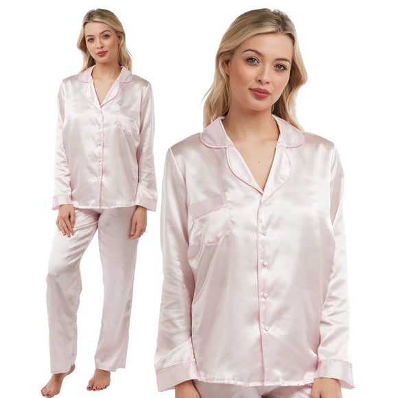 plain light pink silky shiny satin pjs set consisting of a shirt style top with full length sleeves, a collar, top pocket and a button up front with matching full length trousers in UK plus sizes 8, 10, 12, 14, 16, 18