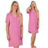 plain hot pink satin nightshirt with a button front, collar, top pocket, short sleeve and shirt style hem in UK plus sizes 16, 18, 20, 22, 24, 26,