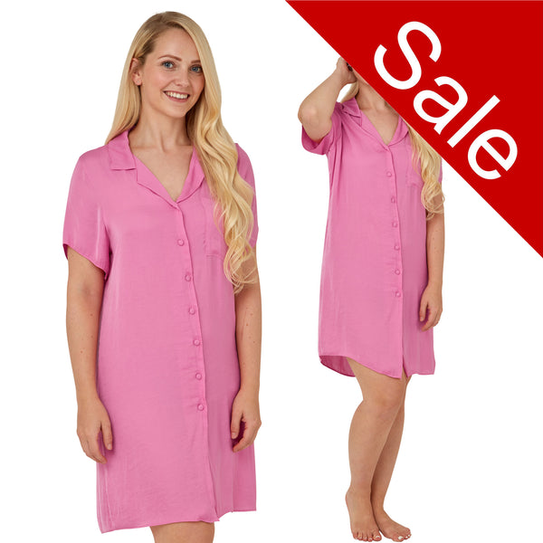 plain hot pink satin nightshirt with a button front, collar, top pocket, short sleeve and shirt style hem in UK plus sizes 16, 18, 20, 22, 24, 26,