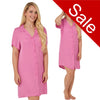 plain hot pink satin nightshirt with a button front, collar, top pocket, short sleeve and shirt style hem in UK plus sizes 16, 18, 20, 22, 24, 26,