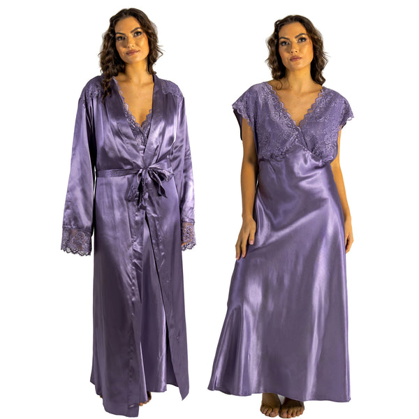 ladies lilac purple silky shiny satin and lace matching wide strap nightdress and dressing gown robe set which is full length in UK plus sizes 10, 12, 14, 16, 18, 20, 22, 24, 26, 28