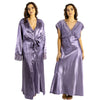 ladies lilac purple silky shiny satin and lace matching wide strap nightdress and dressing gown robe set which is full length in UK plus sizes 18, 20, 22, 24, 26, 28