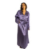 ladies plain lilac purple silky shiny satin and lace full length dressing gown, bathrobe, wrap, kimono with full length sleeves trimmed with lace in UK plus sizes 10, 12, 14, 16, 18, 20, 22, 24, 26, 28