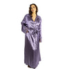 ladies plain lilac purple silky shiny satin and lace full length dressing gown, bathrobe, wrap, kimono with full length sleeves trimmed with lace in UK plus sizes 18, 20, 22, 24, 26, 28