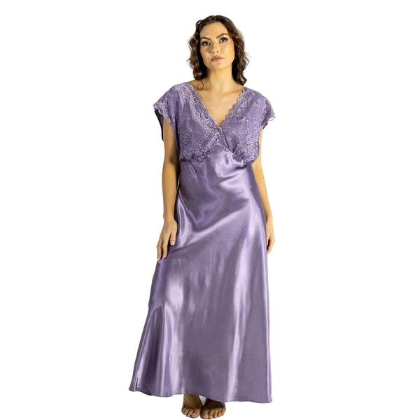 long full length silky shiny satin and lace chemise nightdress with wide fixed straps in a plain lilac purple style in UK plus sizes 18, 20, 22, 24, 26, 28,