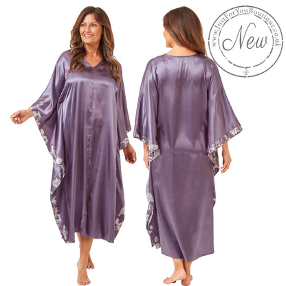 ladies plain lilac purple silky shiny satin and lace full length kimono with full length sleeves trimmed with floral satin in UK plus sizes 18, 20, 22, 24, 26, 28