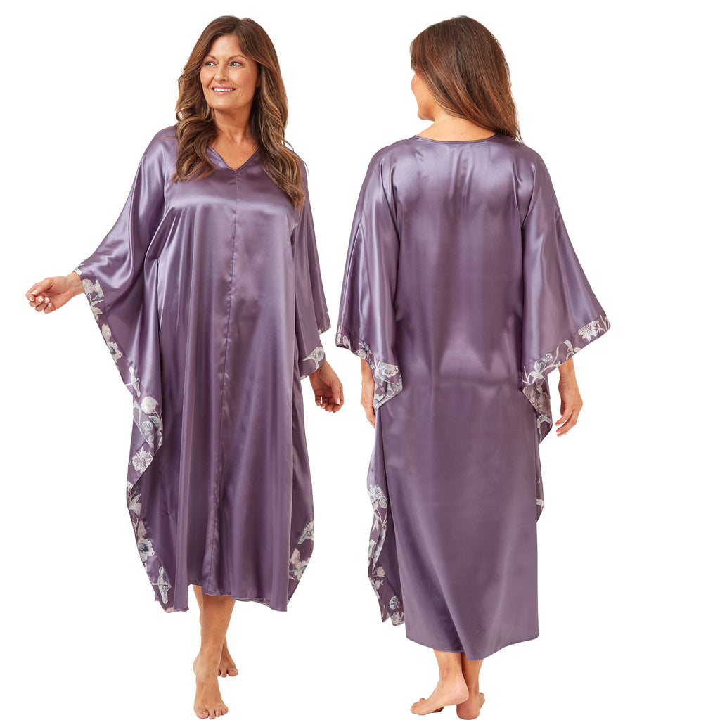 ladies plain lilac purple silky shiny satin and lace full length kimono with full length sleeves trimmed with floral satin in UK sizes 14, 16, 18, 20, 22, 24,