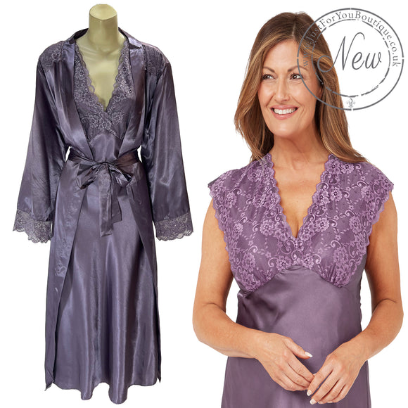 lilac purple silky shiny satin and lace matching wide strap nightdress and dressing gown robe set which is full length in UK plus sizes 18, 20, 22, 24, 26, 28