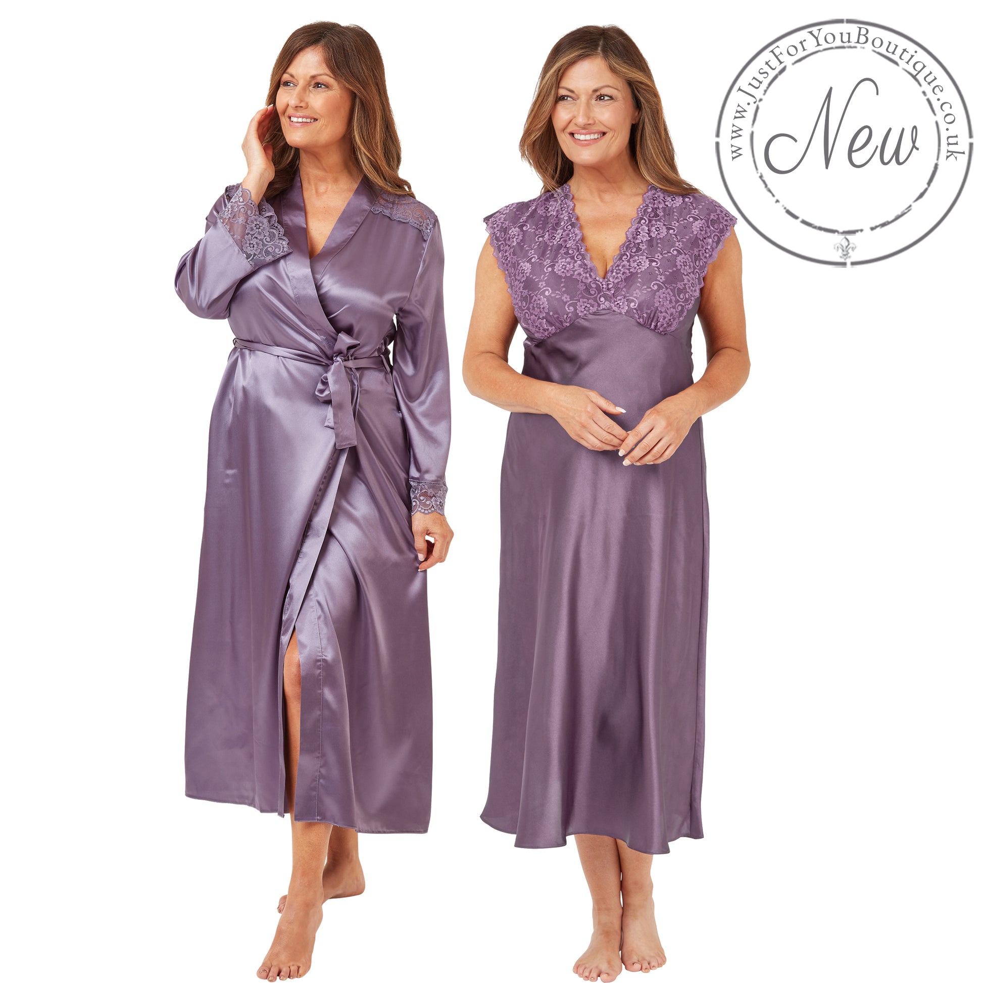 lilac purple silky shiny satin and lace matching wide strap nightdress and dressing gown robe set which is full length in UK plus sizes 18, 20, 22, 24, 26, 28