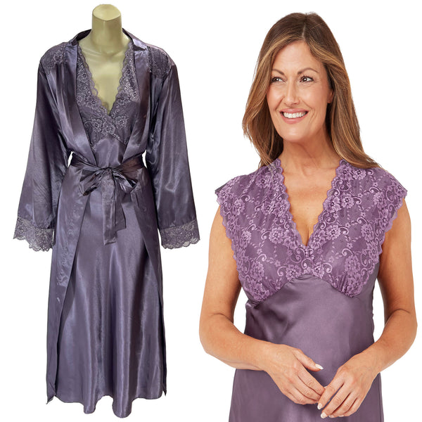 ladies lilac purple silky shiny satin and lace matching wide strap nightdress and dressing gown robe set which is full length in UK plus sizes 18, 20, 22, 24, 26, 28