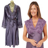 ladies lilac purple silky shiny satin and lace matching wide strap nightdress and dressing gown robe set which is full length in UK plus sizes 18, 20, 22, 24, 26, 28