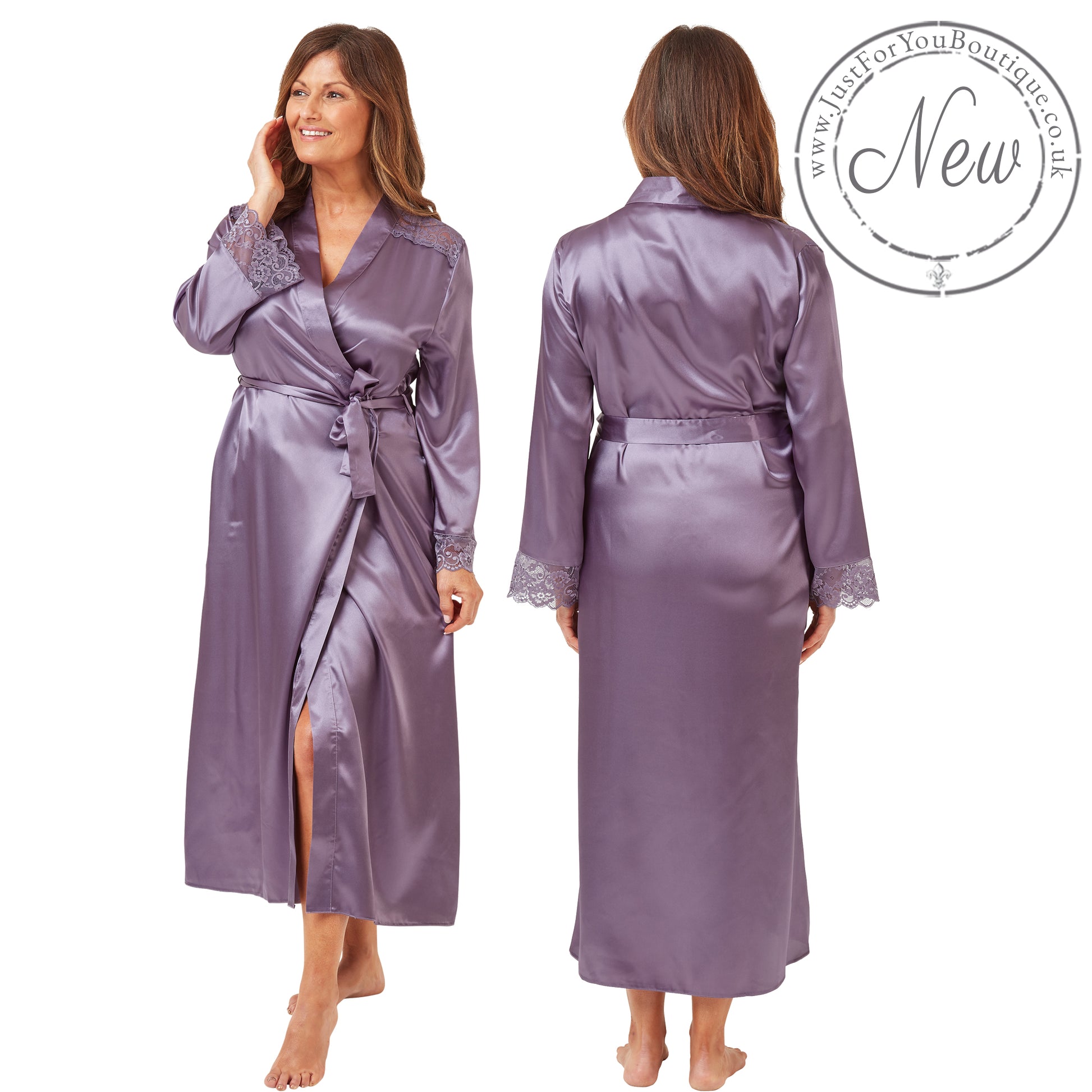 ladies plain lilac purple silky shiny satin and lace full length dressing gown, bathrobe, wrap, kimono with full length sleeves trimmed with lace in UK plus sizes 18, 20, 22, 24, 26, 28