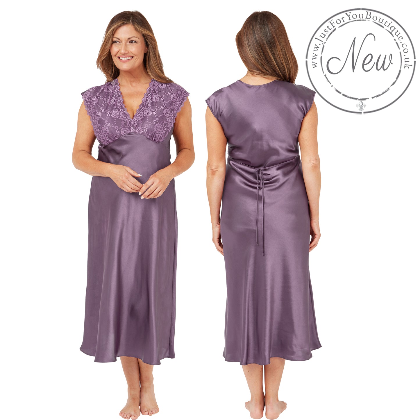 long full length silky shiny satin and lace chemise nightdress with wide fixed straps in a plain lilac purple style in UK plus sizes 18, 20, 22, 24, 26, 28,