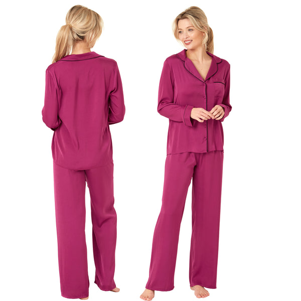 Plum purple plain mat satin pjs set consisting of a shirt style top with a collar, top pocket and button up front with matching full length trousers with an elasticated waist band in UK plus size 14, 16, 18, 20, 22, 24, 26, 28