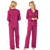 Plum purple plain mat satin pjs set consisting of a shirt style top with a collar, top pocket and button up front with matching full length trousers with an elasticated waist band in UK plus size 14, 16, 18, 20, 22, 24, 26, 28