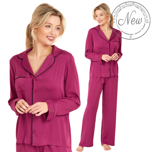 Plum purple plain mat satin pjs set consisting of a shirt style top with a collar, top pocket and button up front with matching full length trousers with an elasticated waist band in UK plus size 14, 16, 18, 20, 22, 24, 26, 28