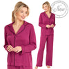 Plum purple plain mat satin pjs set consisting of a shirt style top with a collar, top pocket and button up front with matching full length trousers with an elasticated waist band in UK plus size 14, 16, 18, 20, 22, 24, 26, 28
