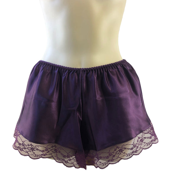 plain purple satin and lace trim French knickers style shorts in UK size 8, 12, 14, 16, 18, 20, 22, 24