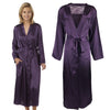 ladies plain purple silky shiny satin and lace full length dressing gown, bathrobe, wrap, kimono with full length sleeves in UK sizes 10, 12, 14, 16,
