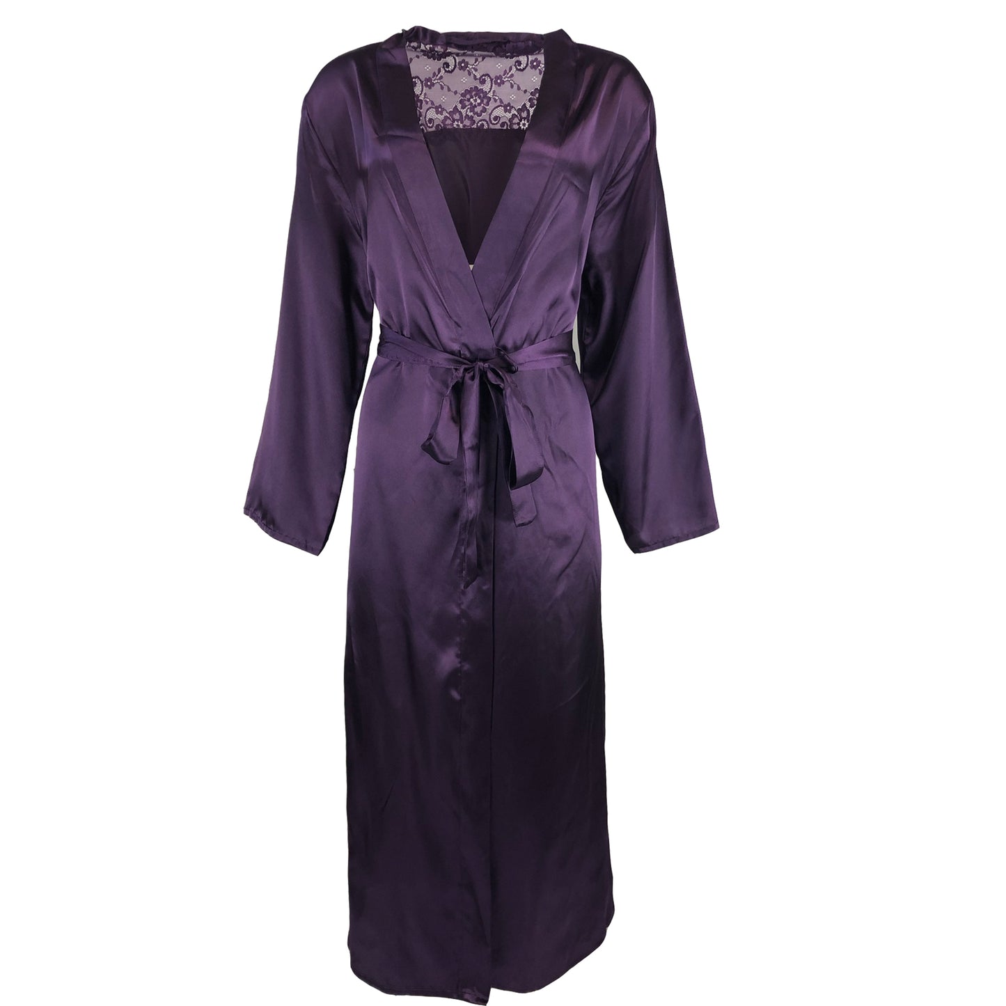 Long Full Length Plain Cadbury Purple Sexy Satin Lace Wrap Bathrobe