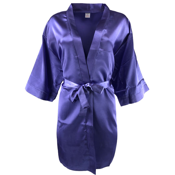ladies plain medium purple silky shiny satin short length dressing gown, bathrobe, wrap, kimono with 3/4 length sleeves in UK sizes 16, 18,