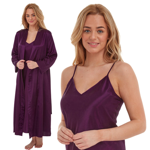 plain deep purple shiny silky warm lined satin matching string adjustable strap nightdress and dressing gown robe set which is full length in UK plus sizes 12, 14, 16, 18, 20, 22, 24, 26, 28, 30, 32, 34