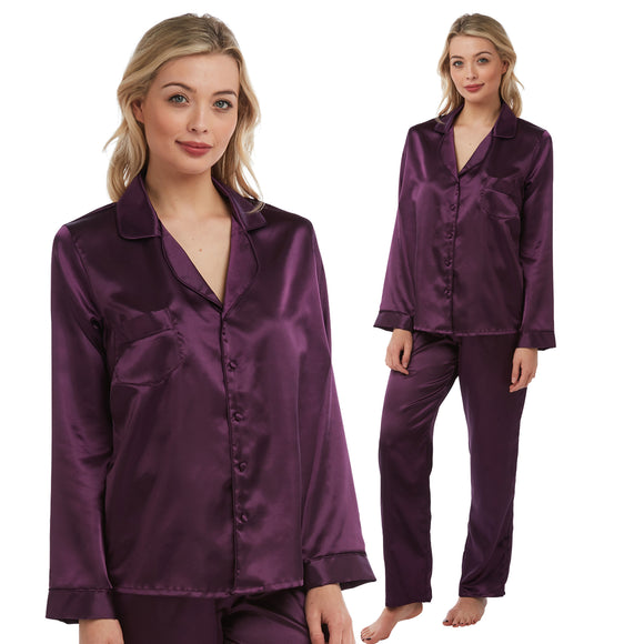 plain purple shiny silky satin pjs set which are warmer because its cotton lined. They have a shirt style top with full length sleeves, a collar, top pocket and button up front. The trousers are full length with an elasticated waist band in UK plus sizes 8, 10, 12, 14, 16, 18, 20, 22, 24, 26, 28, 30, 32, 34