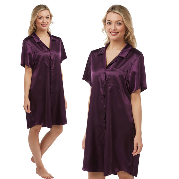 plain purple shiny silky satin nightshirt with a button front, collar, top pocket, short sleeve and shirt style hem in UK plus sizes 12, 14, 16, 18, 20, 22, 24, 26, 28, 30, 32, 34, 36, 38,
