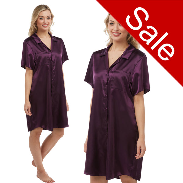 plain purple shiny silky satin nightshirt with a button front, collar, top pocket, short sleeve and shirt style hem in UK sizes 12, 14, 